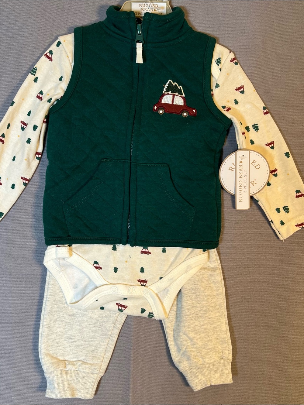 Rugged Bear Baby 3-PC Set Christmas Tree Bodysuit Vest Pants Green (6-9M) NWT